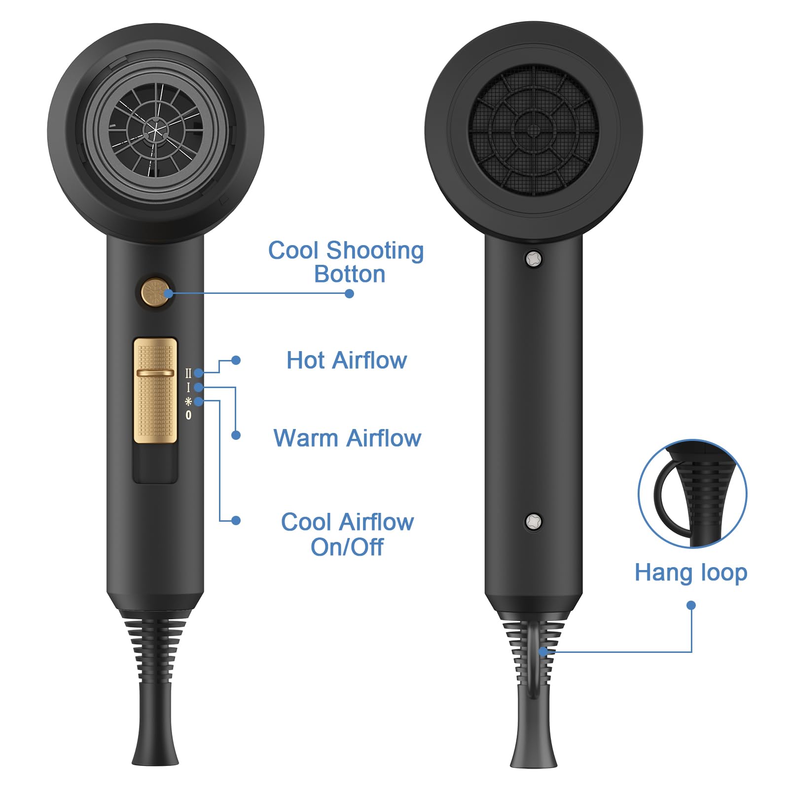 Slopehill Professional Ionic Hair Dryer, Powerful 1800W Fast Drying Low Noise Blow Dryer with 2 Concentrator Nozzle 1 Diffuser Attachments for Home Salon Travel (Black) 🍁 All In One Marketplace Canada