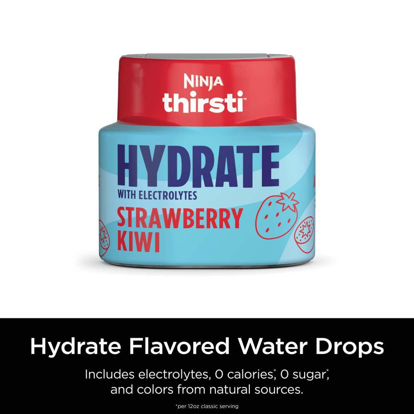 Ninja Thirsti HYDRATE Strawberry Kiwi Flavoured Water Drops with electrolytes and contain 0 calories*, 0 sugar* (*per 12oz classic serving). . Turn water into refreshing fruit-flavoured sparkling or still drinks with Ninja Thirsti Hydrate Flavoured Water