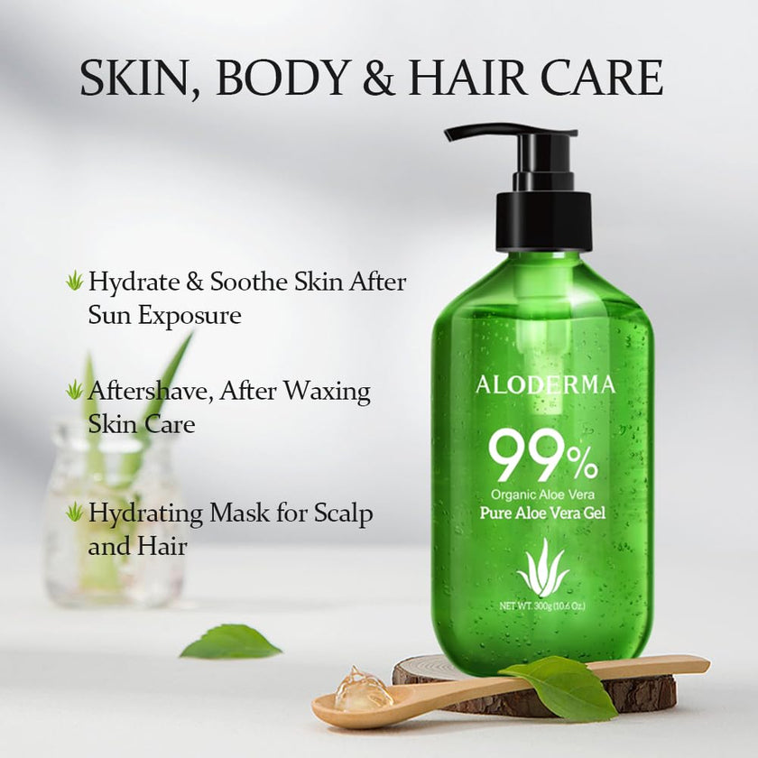 Aloderma 99% Organic Aloe Vera Gel for Skin Made within 12 Hours of Harvest, Non-Sticky Aloe Vera Gel for Sunburn Relief, Natural, Soothing Hydrating Aloe Vera for Face & Hair, Lightweight Gel, 10.6oz 🍁 All In One Marketplace Canada