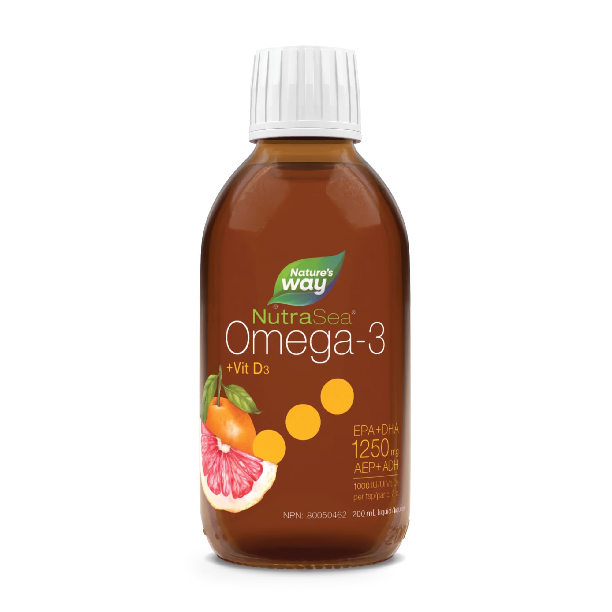 Nature's Way NutraSea Omega 3 + Vitamin D Fish Oil Liquid Supplement – Grapefruit Tangerine Flavour – 1250mg EPA & DHA + 1000IU D3, 200 mL 🍁 All In One Marketplace Canada