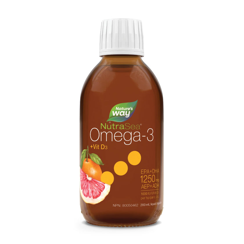 Nature's Way NutraSea Omega 3 + Vitamin D Fish Oil Liquid Supplement – Grapefruit Tangerine Flavour – 1250mg EPA & DHA + 1000IU D3, 200 mL 🍁 All In One Marketplace Canada