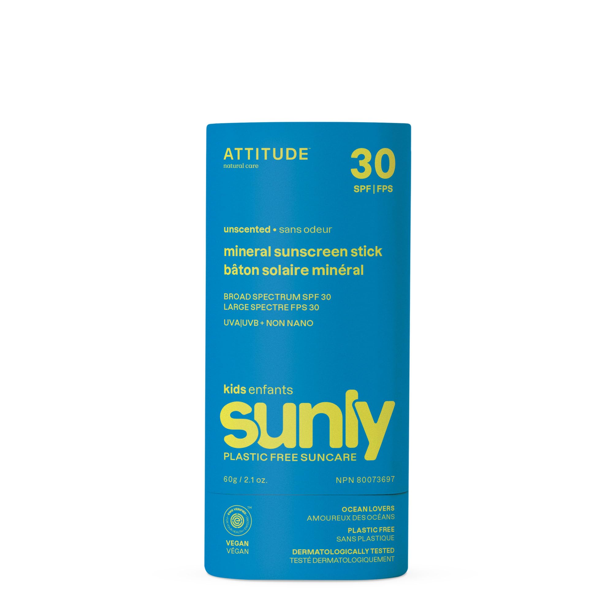 ATTITUDE Mineral Sunscreen Stick for Kids, SPF 30, Made in Canada, EWG Verified,Plastic-Free, Broad Spectrum UVA/UVB Protection with Zinc Oxide, Dermatologically Tested, Vegan, Unscented, 60 grams 🍁 All In One Marketplace Canada