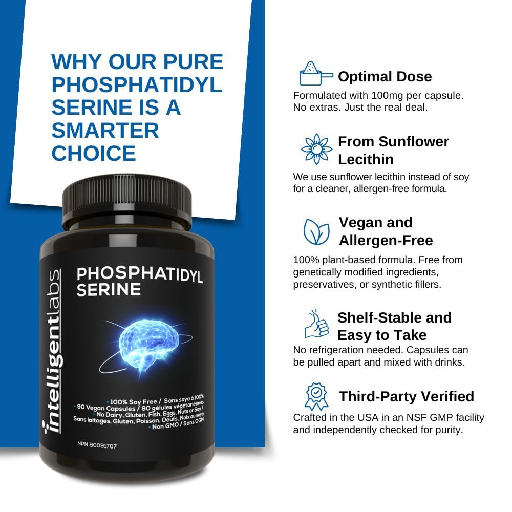 Intelligent Labs Phosphatidylserine Supplement 100mg | 90 High Strength Capsules | 100% Soy and Allergen Free | Pure Phosphatidylserine from Sunflower Lecithin 🍁 All In One Marketplace Canada