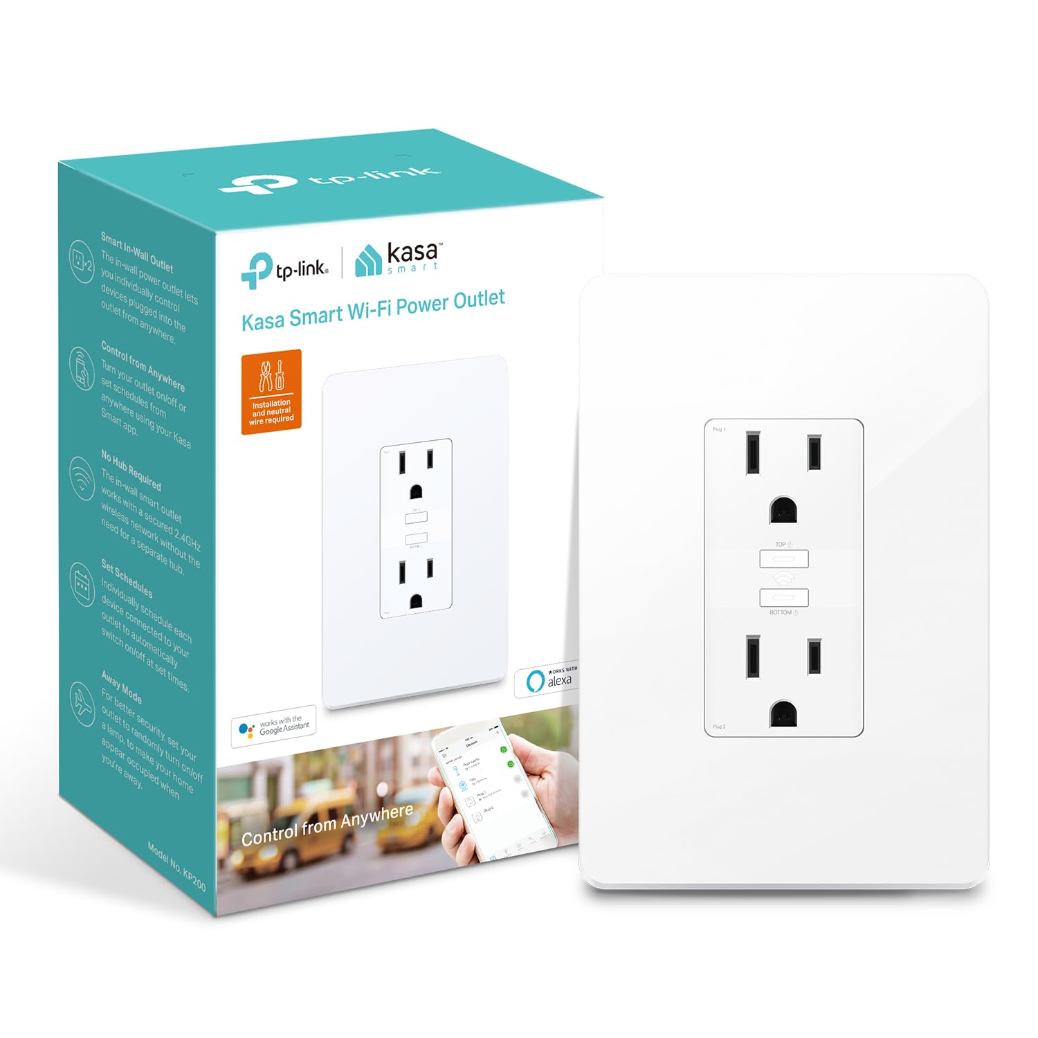 Kasa Smart In-Wall WiFi Outlet by TP-Link (KP200) - Neutral Wire and 2.4GHz Wi-Fi Connection Required, Works with Alexa, Echo and Google Home, No Hub Required, Remote Control, UL Certified White 🍁 All In One Marketplace Canada