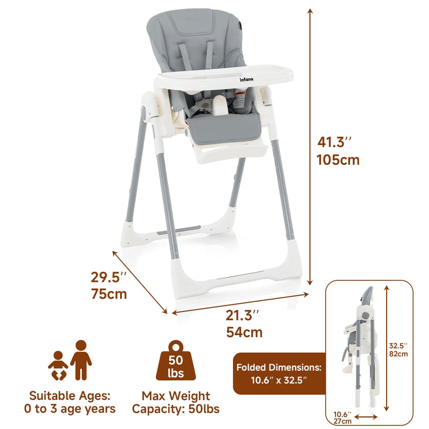INFANS High Chair for Babies & Toddlers, Foldable Highchair with Multiple Adjustable Backrest, Footrest and Seat Height, Removable Tray, Detachable PU Leather Cushion, Built-in Rear Wheels (Grey) 🍁 All In One Marketplace Canada