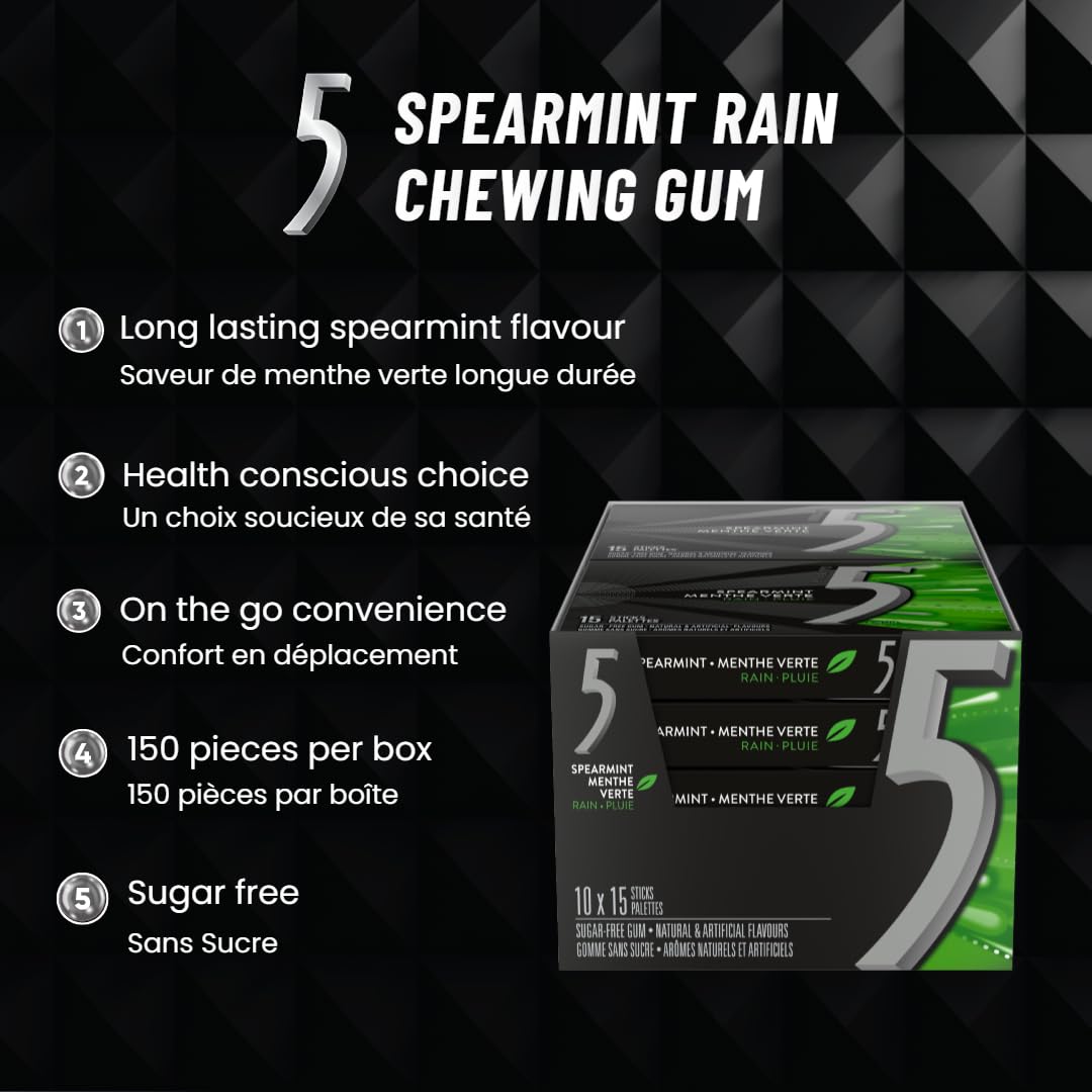 5 GUM, Spearmint-Rain Flavoured Sugar Free Chewing Gum, 15 Sticks, 10 Packs 🍁 All In One Marketplace Canada