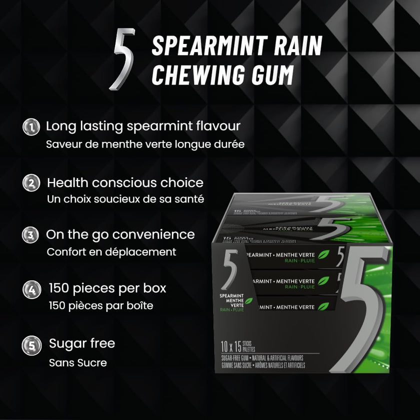 5 GUM, Spearmint-Rain Flavoured Sugar Free Chewing Gum, 15 Sticks, 10 Packs 🍁 All In One Marketplace Canada