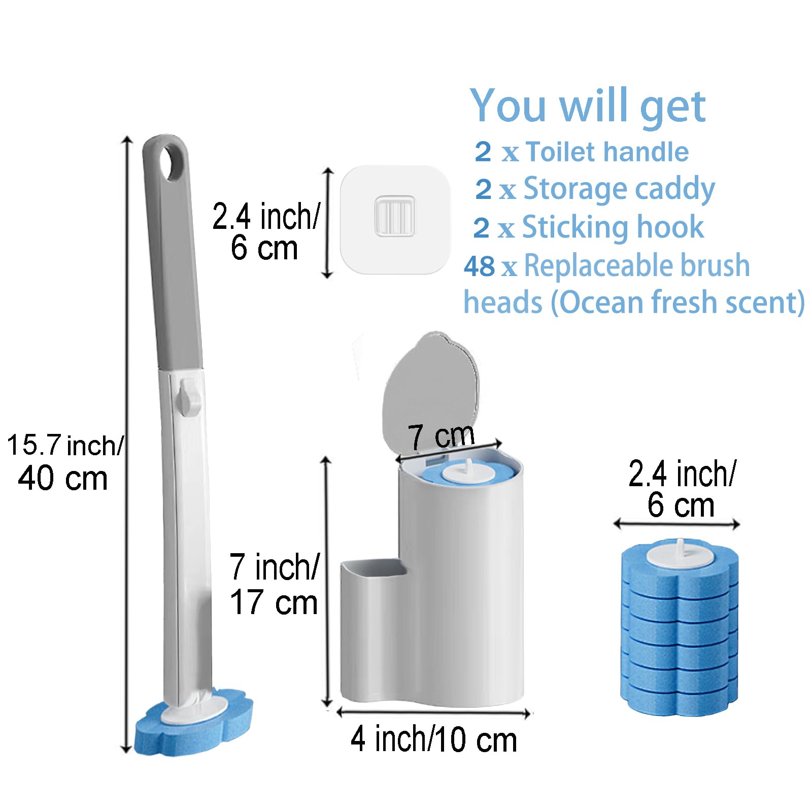Ucaimao 2 Pack Disposable Toilet Brush and Holder Set,Extended Handle with 48 Cleaner Refills Toilet Brush for Toilet Bowl Cleaners,Bathroom Cleaning,Sink, Bathtub, Floor - Blue (Ocean Fresh Scent) 🍁 All In One Marketplace Canada