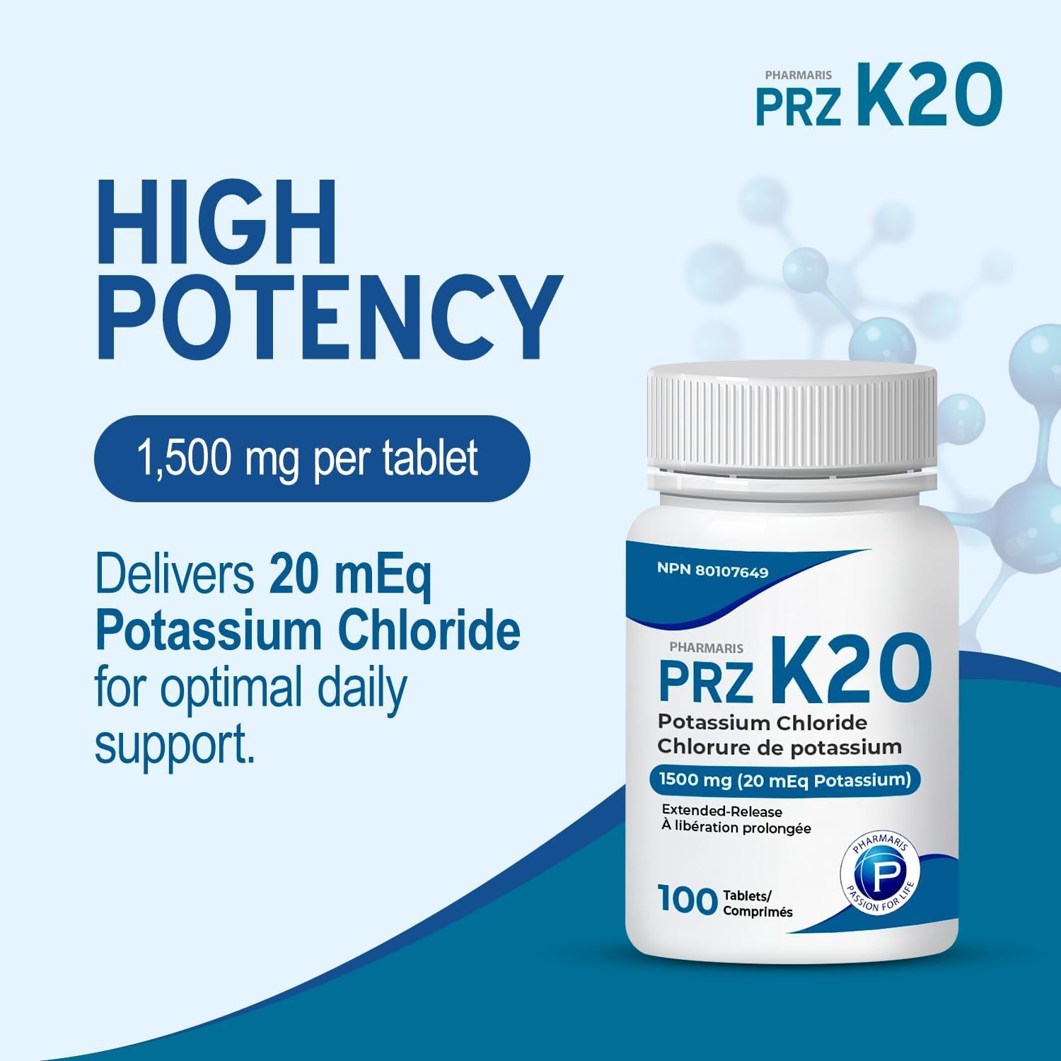 Pharmaris K-20 Potassium Chloride 1500mg Extended Release Tablets, Provides 20 mEq Potassium, Electrolyte Replenisher for Hypokalemia Treatment, Daily Use Supplement, 100 Tablets 🍁 All In One Marketplace Canada
