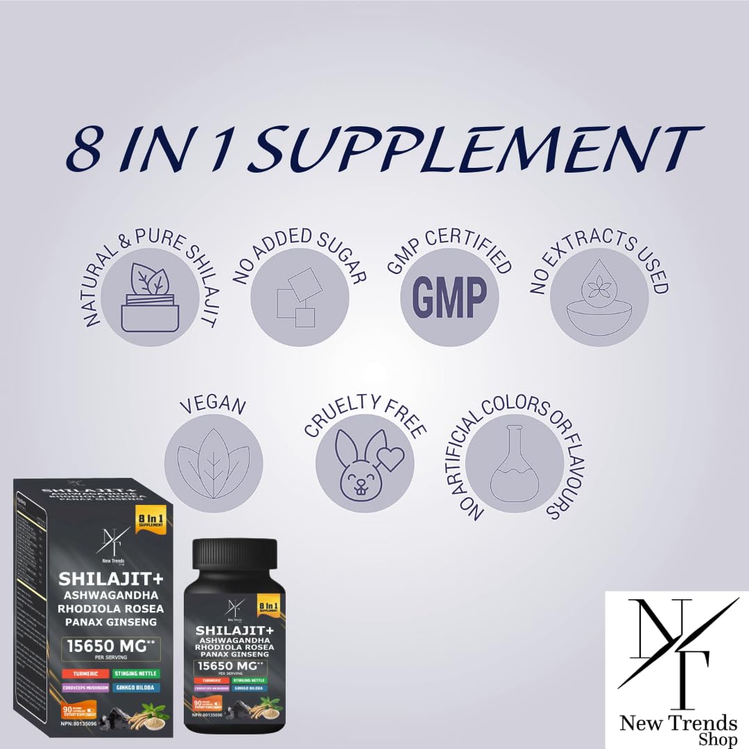8-in-1 Shilajit Himalayan Organic Supplement with Shilajit 9000, Ashwagandha 2000MG, Rhodiola Rosea 1000MG, Panax Ginseng 1500MG, Cordyceps Mushroom 500MG, Gingko Biloba 500MG, Stinging Nettle 250MG, Turmeric (15,250 MG - 90 Caps)