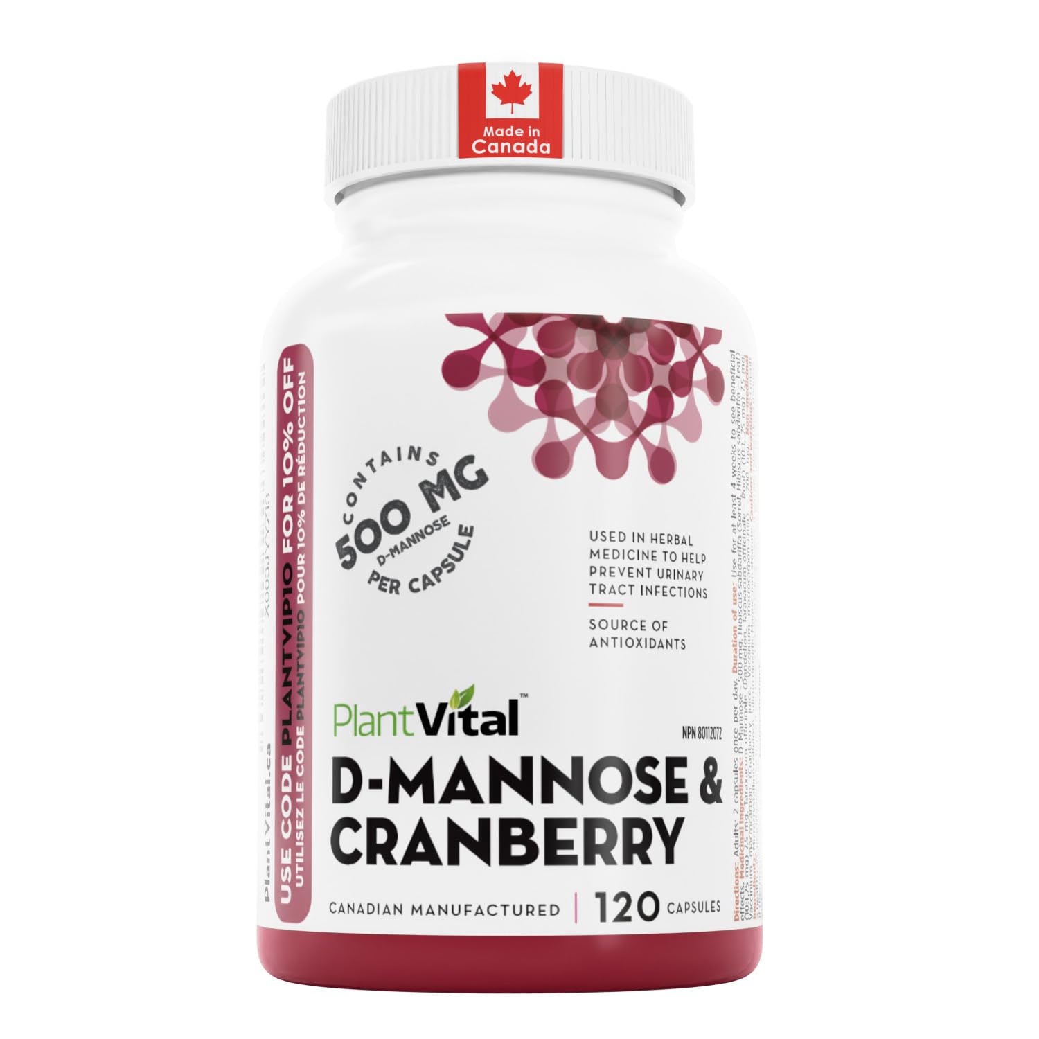 PlantVital D-Mannose Capsules - Made in Canada - 1000mg Daily Dose (2 Capsules) - Cranberry Pills for UTI Support & Bladder Health – DMannose and Cranberry Supplement - 120 Count, 2-Month Supply 🍁 All In One Marketplace Canada