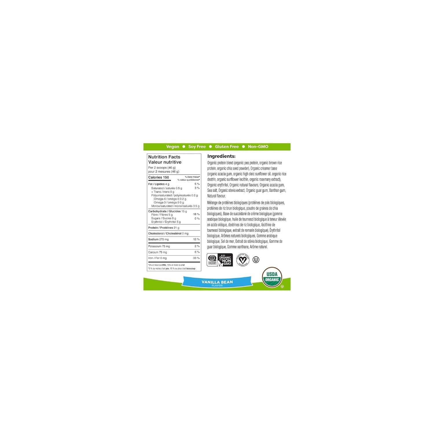 Orgain Organic Plant Based Canadian Protein Powder, Vanilla Bean - Vegan, Lactose Free, Gluten Free, Dairy Free, No Sugar Added, Soy Free, Kosher, Non-GMO, 920 g (Pack of 1) 🍁 All In One Marketplace Canada
