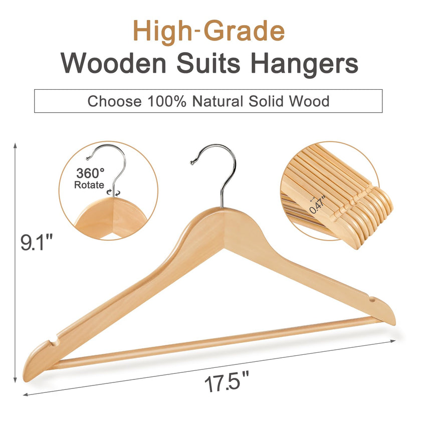 TOPIA HANGER Wooden Hangers (30 Pack), Natural Wooden Coat Hangers with Non Slip Pants Bar, 360°Swivel Hook and Shoulder Notches for Suit, Jacket, Pants, Smooth Finish Clothes Hangers - CT34N30 🍁 All In One Marketplace Canada