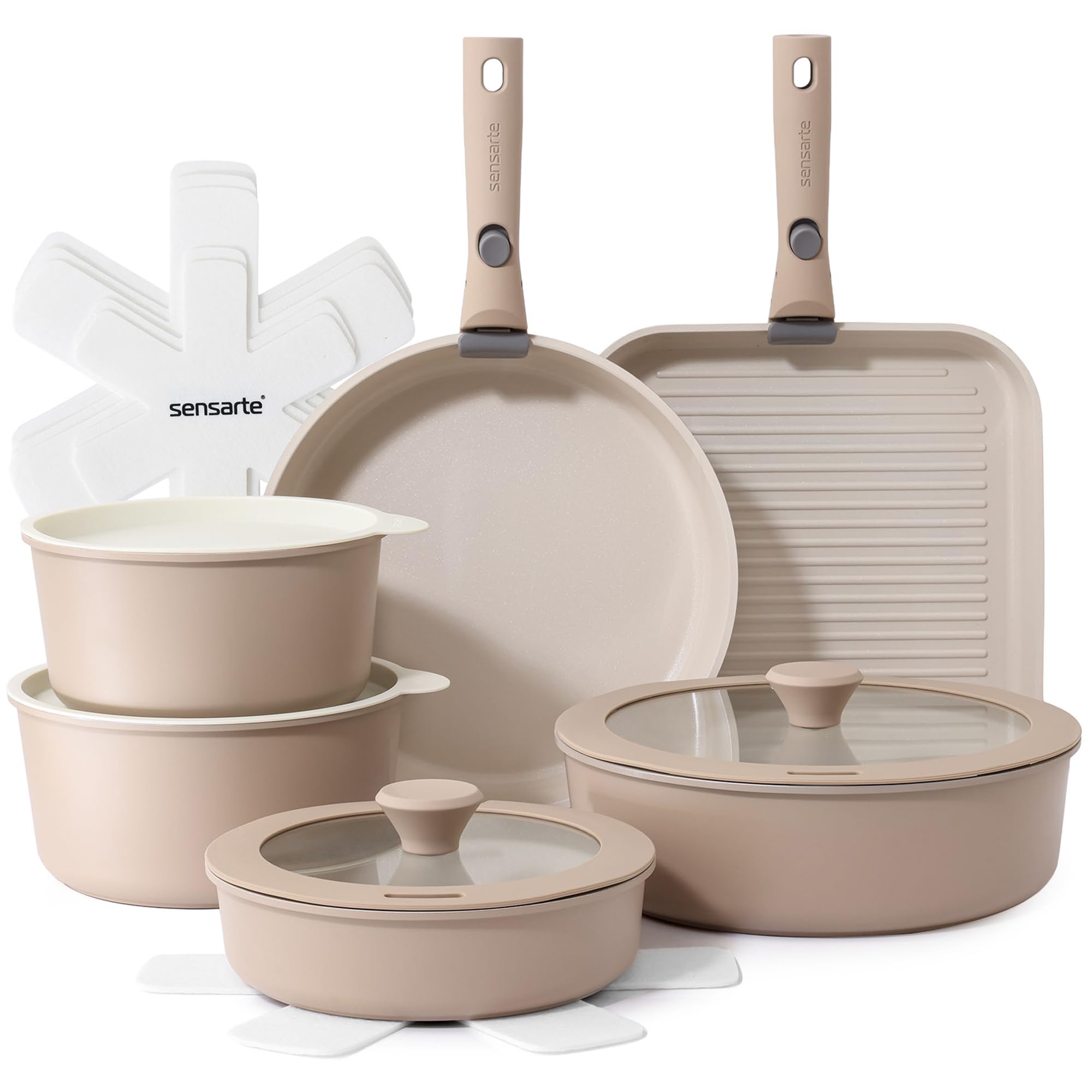 SENSARTE 17 Piece Ceramic Pots and Pans Set, Nonstick Detachable Handle Cookware, Induction Kitchen Cookware Set with Removable Handle, Dishwasher ＆ Oven Safe (Almond Beige) 🍁 All In One Marketplace Canada
