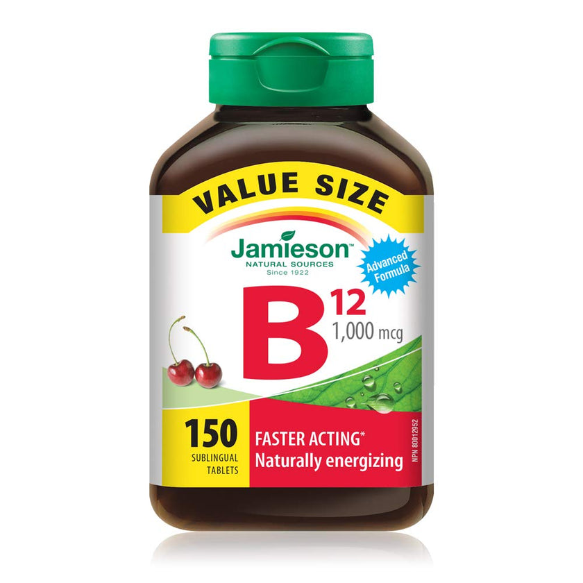 Jamieson Vitamin B12 Methylcobalamin 1,000 mcg, Fast Dissolving, Faster Acting, Naturally Energizing, and Supports Metabolism. Vegetarian, Gluten-Free, Natural Wild Cherry Flavour, 150 Sublingual Tablets, Proudly Canadian 🍁 All In One Marketplace Canada