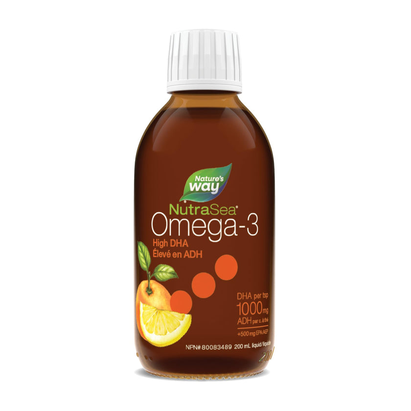 Nature's Way NutraSea High DHA Omega 3 Fish Oil Liquid Supplement for Adults and Kids Ages 14+ – Juicy Citrus Flavour, Non-GMO – Brain & Cognitive Support – 1500mg EPA & DHA, 200 mL 🍁 All In One Marketplace Canada