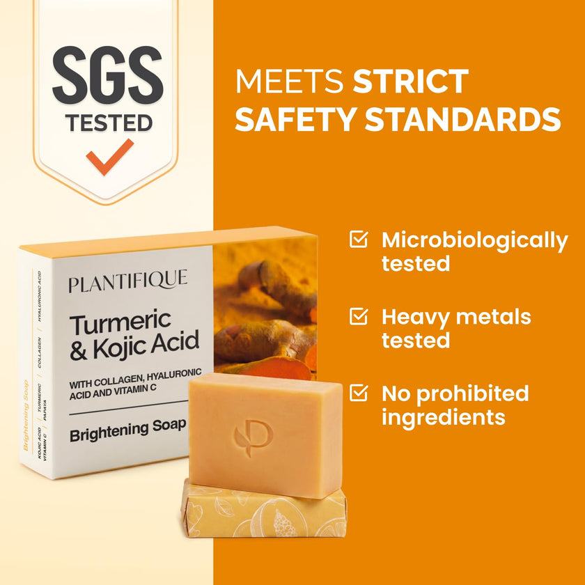 PLANTIFIQUE Turmeric & Kojic Acid Soap for Hyperpigmentation, Lab Tested - 4 Bars with Mesh Net - Face & Body Wash with Hyaluronic Acid, Collagen, Vitamin C - 320g / 11.28 oz 🍁 All In One Marketplace Canada