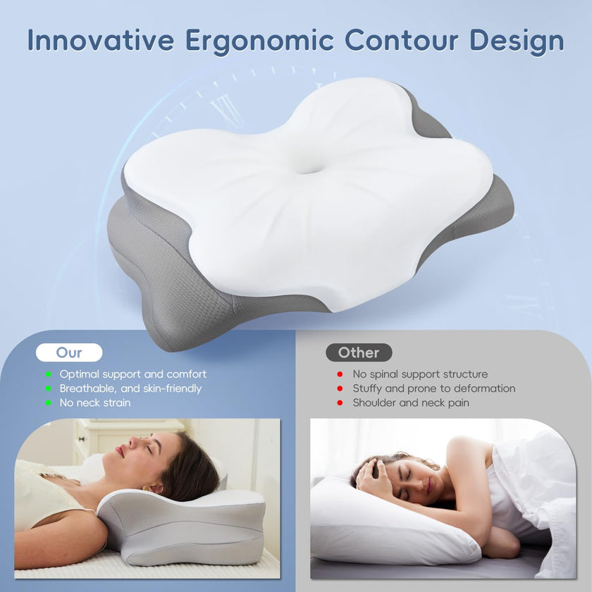 SNUGUP Ergonomic Cervical Neck Pillow, Memory Foam Neck Support Pillow with Contoured Design, Breathable Removable Pillowcase, for Side Back Stomach Sleepers, White 🍁 All In One Marketplace Canada