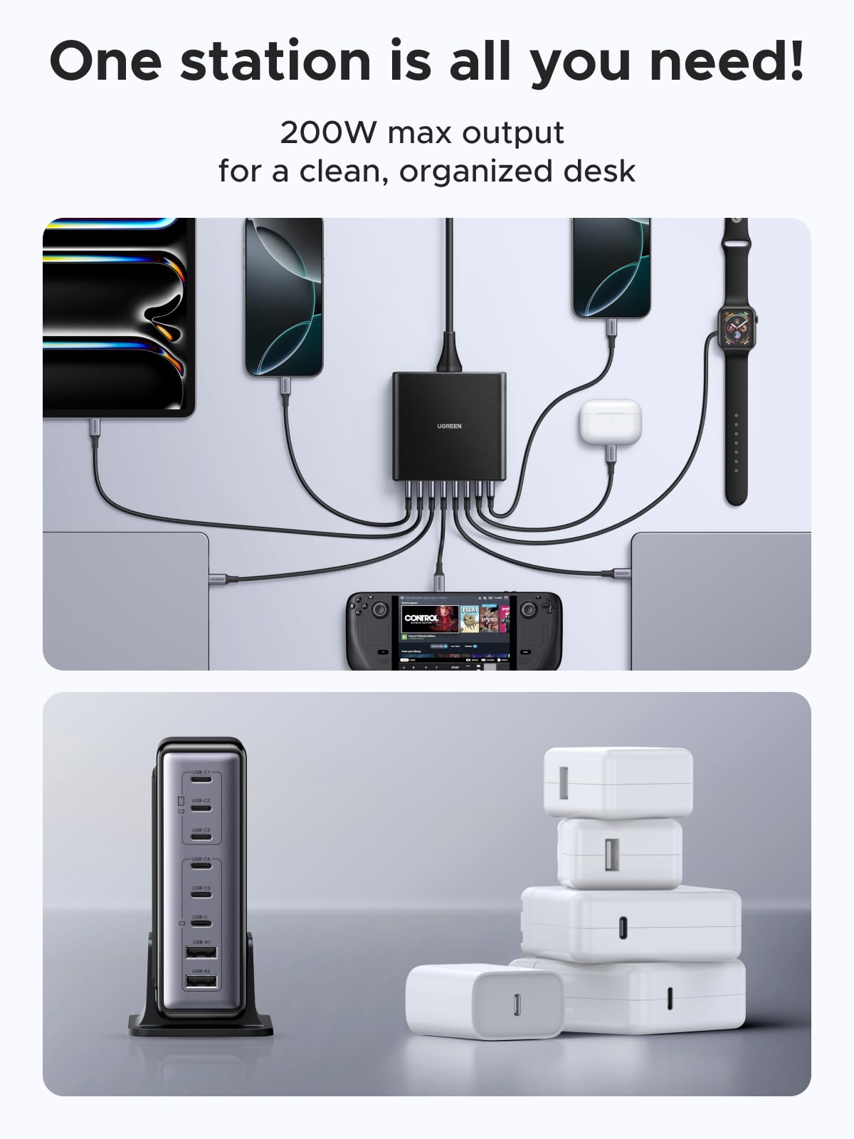 UGREEN 200W 8-Port GaN USB C Charger Block, Desktop Charging Station USB C and USB PD 100W Fast Charging Compatible for MacBook Pro 16
