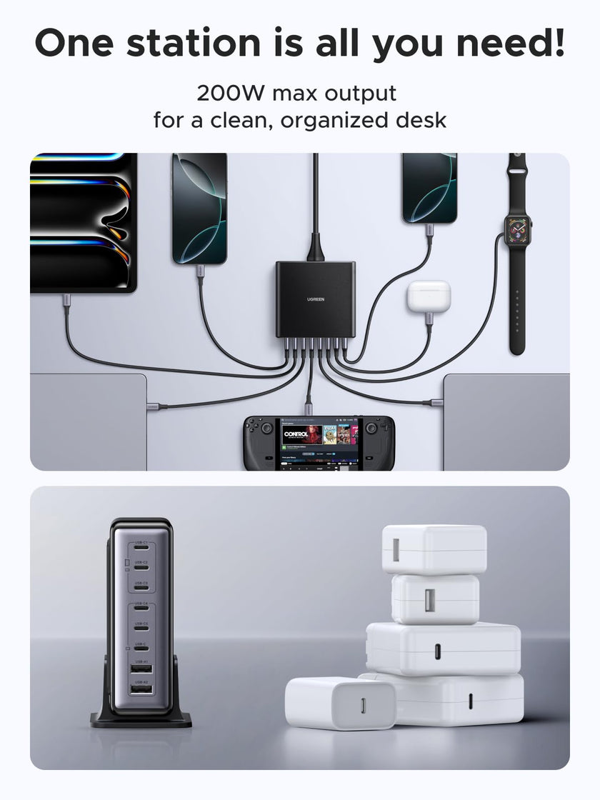 UGREEN 200W 8-Port GaN USB C Charger Block, Desktop Charging Station USB C and USB PD 100W Fast Charging Compatible for MacBook Pro 16