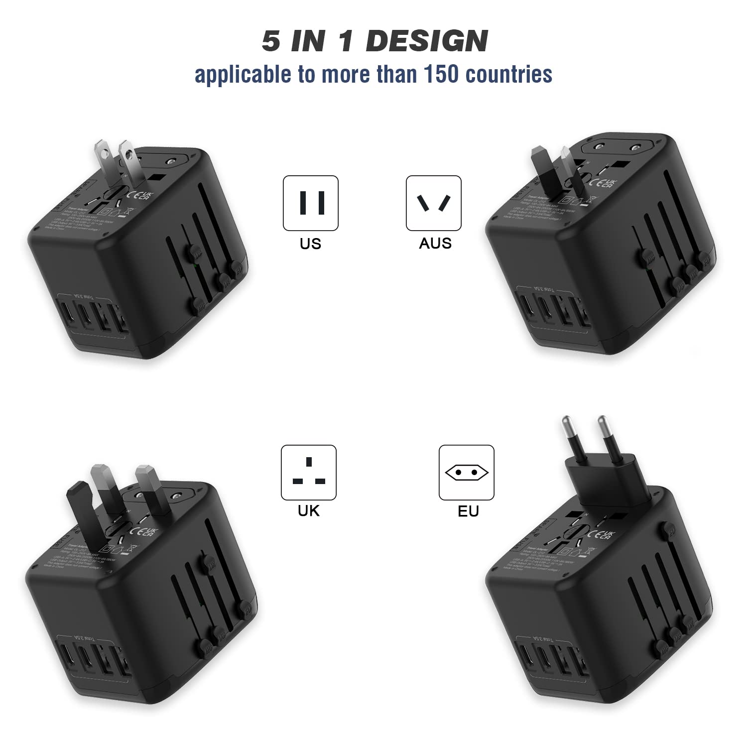 RXSQUL Universal International Power Travel Plug Adapter, 5 in 1 European Travel Plug Adapter W/ 3.5A 2xUSB-A And 2xUSB C Wall Charger and Worldwide AC Outlet for Europe USA UK AUS Asia-Black 🍁 All In One Marketplace Canada