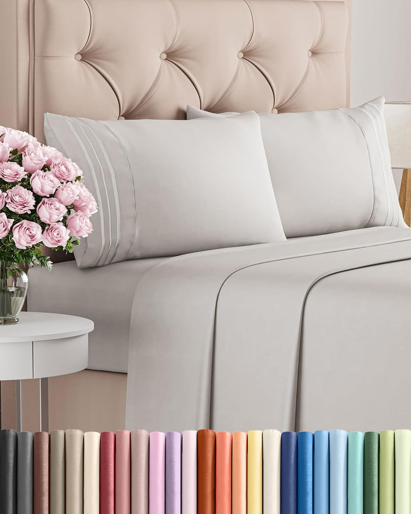 Queen Size 4 Piece Sheet Set - Comfy Breathable & Cooling Sheets - Hotel Luxury Bed Sheets for Women & Men - Deep Pockets, Easy-Fit, Soft & Wrinkle Free Sheets - French Grey Oeko-Tex Bed Sheet Set 🍁 All In One Marketplace Canada