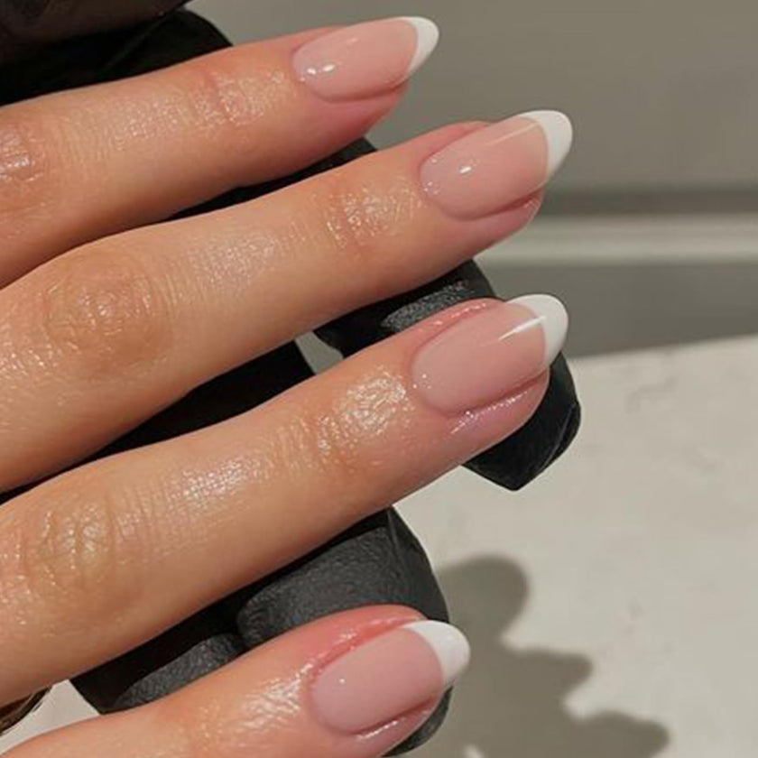 Modelones French Tip Press On Nails, Short Oval Fake Nails Press Ons with Nail Glue, Adhesive Tabs, Nail File, Prep Pad, Manicure Stick, 32Pcs 16 Sizes, Nude, Valentines 🍁 All In One Marketplace Canada