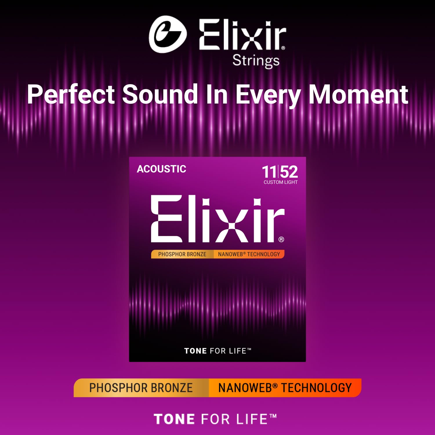 Elixir 16027 Phosphor Bronze Nanoweb Coating Acoustic Guitar Strings - Custom Light 11-52 🍁 All In One Marketplace Canada