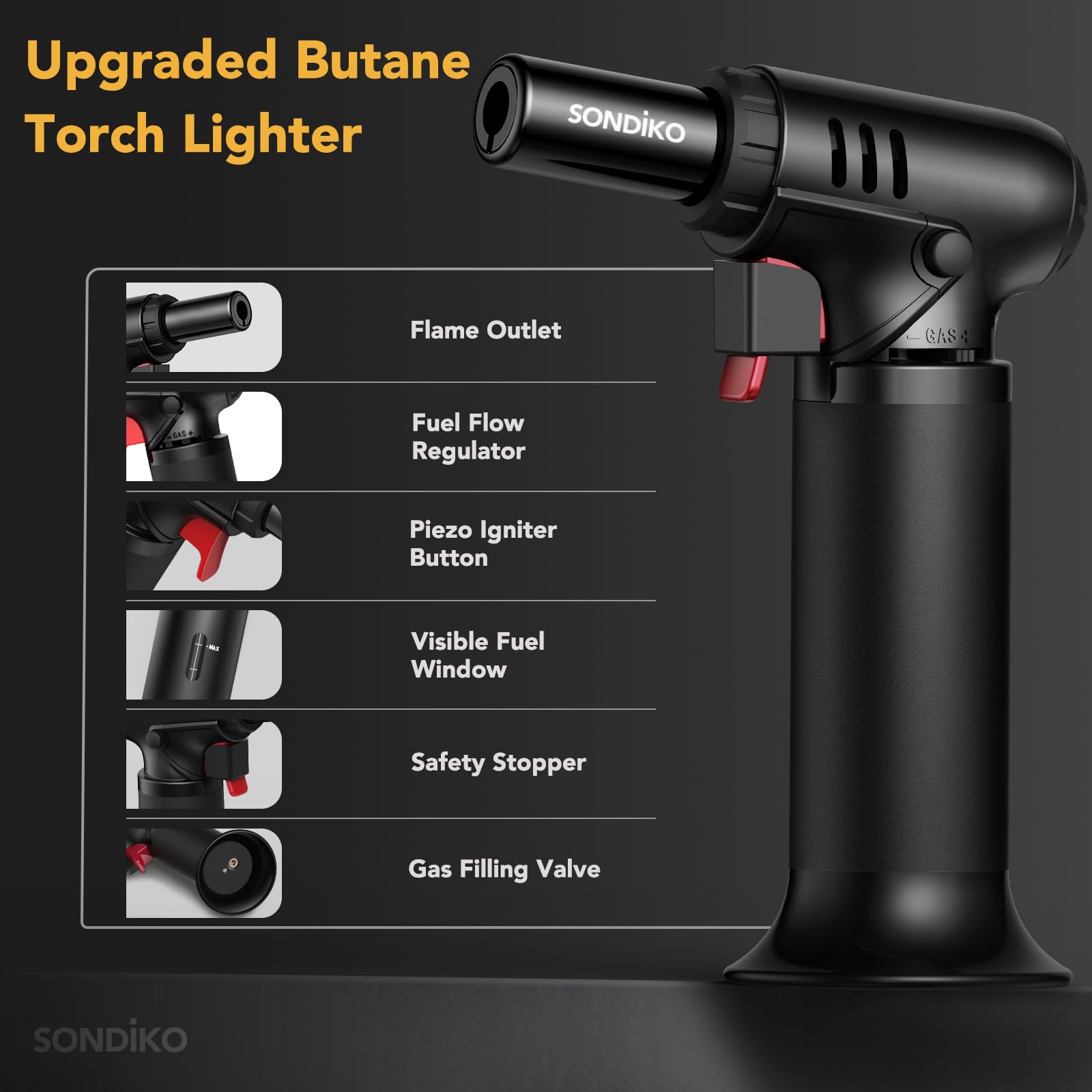 Sondiko Blow Torch with Fuel Gauge, Refillable Butane Torch Lighter with Safety Lock and Adjustable Flame, One-Handed Operation, Fit All Butane Tanks Kitchen Torch 🍁 All In One Marketplace Canada