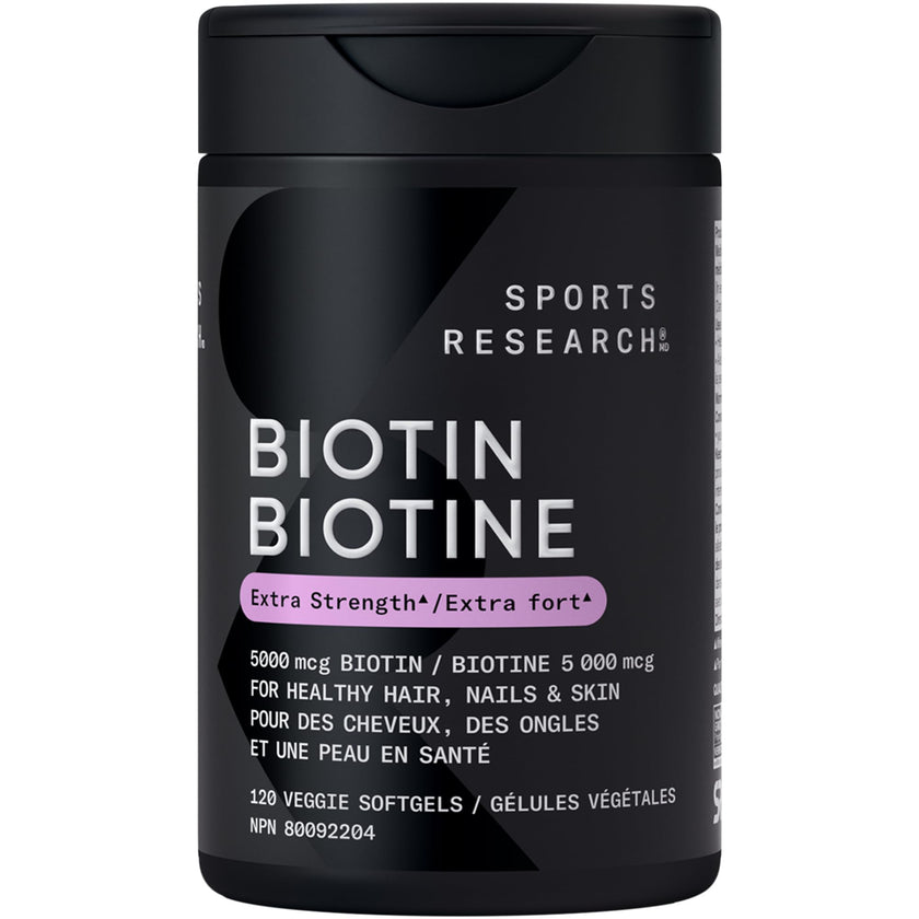 Sports Research® Extra Strength Vegan Biotin 5,000mcg with Organic Coconut Oil - Helps to Maintain Healthy Hair, Nails and Skin - Great for Women & Men - 120 Veggie Softgels 🍁 All In One Marketplace Canada