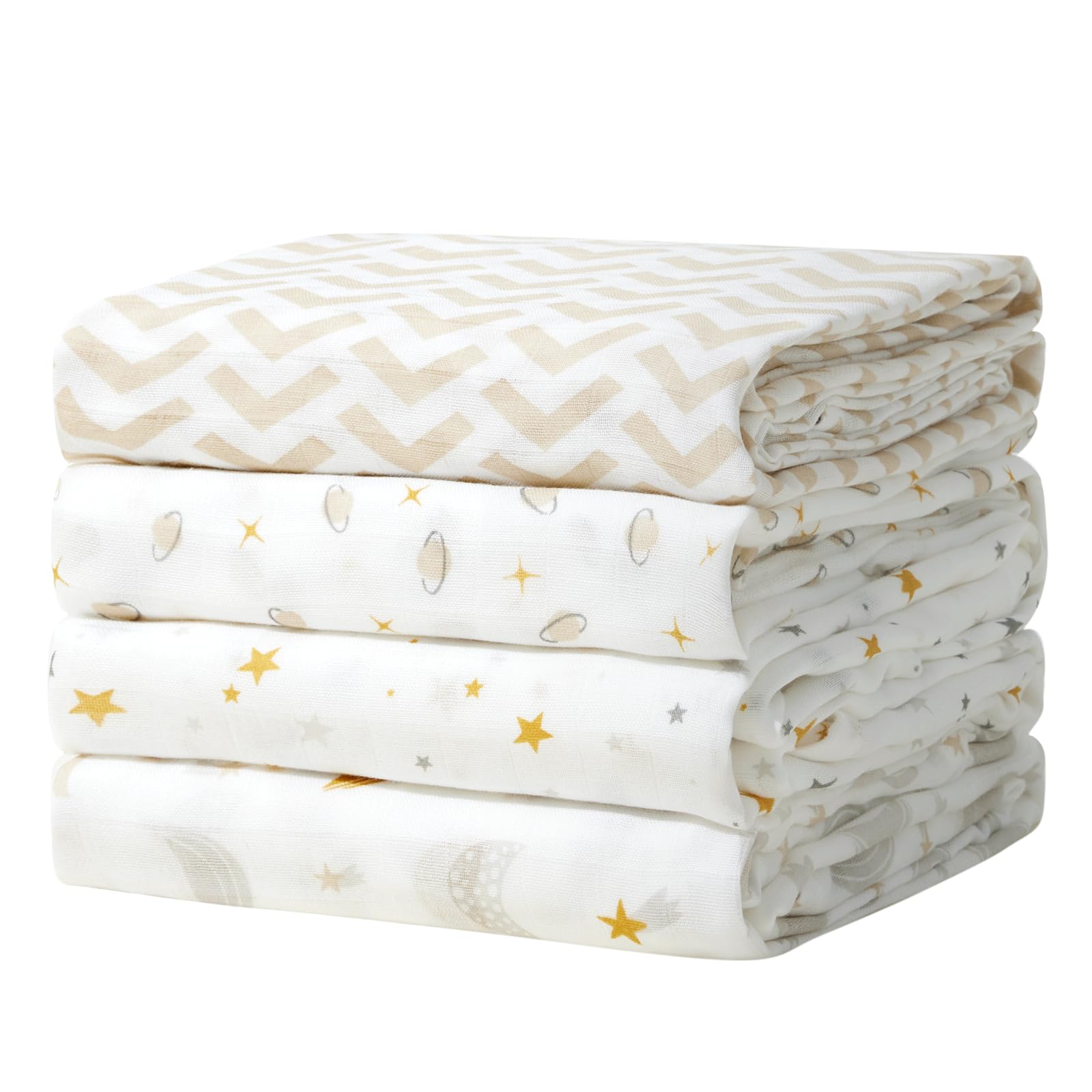 Momcozy Muslin Swaddle Blanket, 4 Pack Ultra Soft Neutral Swaddle Blankets, Breathable Large 47'' x 47'' Baby Infant Newborn Essentials, Boys Girls Receiving Blanket, Beige Star 🍁 All In One Marketplace Canada