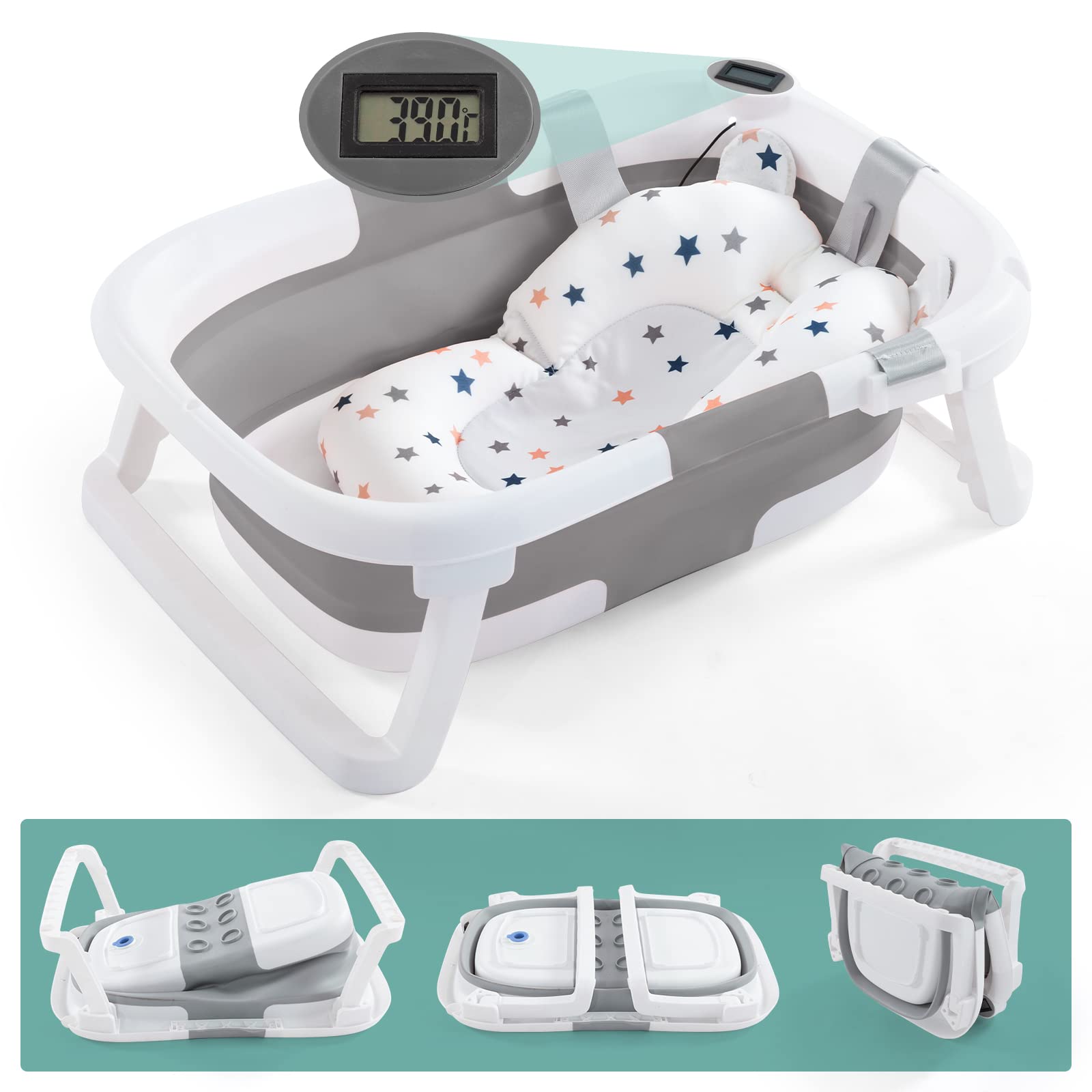 Baby BathTub, 4-in-1 Newborn to Toddler Tub with Temperature Sensor,Infant Waterproof Ear Cap and Soft Cushion included,Grey 🍁 All In One Marketplace Canada