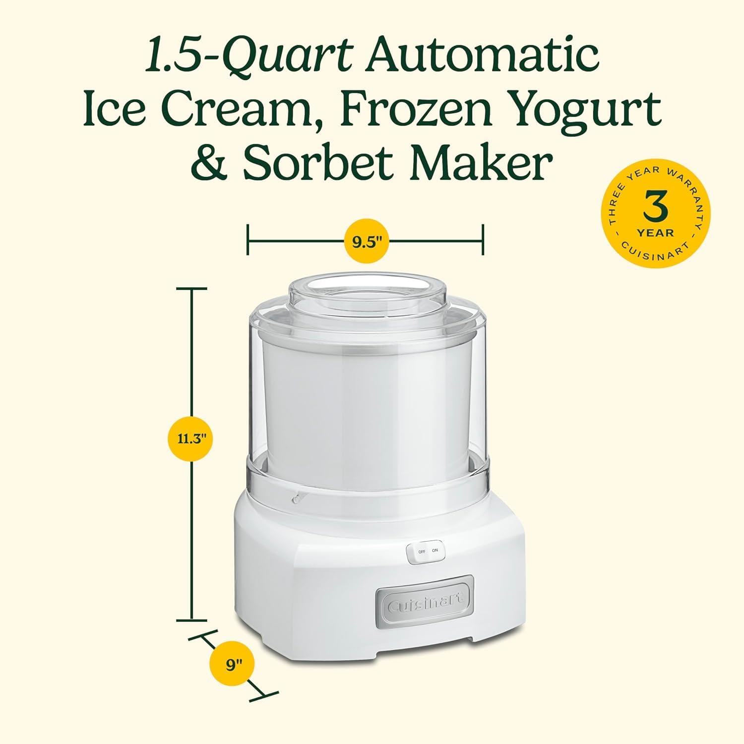 Cuisinart Ice Cream Maker Machine, 1.5 Quart Sorbet, Frozen Yogurt Maker, Double Insulated, White (ICE-21C) 🍁 All In One Marketplace Canada