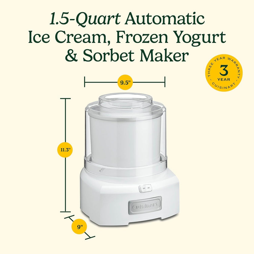 Cuisinart Ice Cream Maker Machine, 1.5 Quart Sorbet, Frozen Yogurt Maker, Double Insulated, White (ICE-21C) 🍁 All In One Marketplace Canada