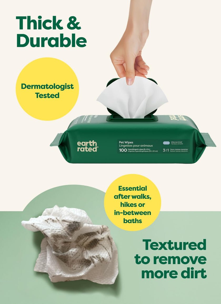 Earth Rated (A Canadian Company) Pet Wipes for Dogs and Cats, Hypoallergenic, 3-in-1 Cleaning, Deodorizing and Hydrating, for Grooming Paws, Body and Butt, New White Tea and Basil Scent, 400 Count 🍁 All In One Marketplace Canada