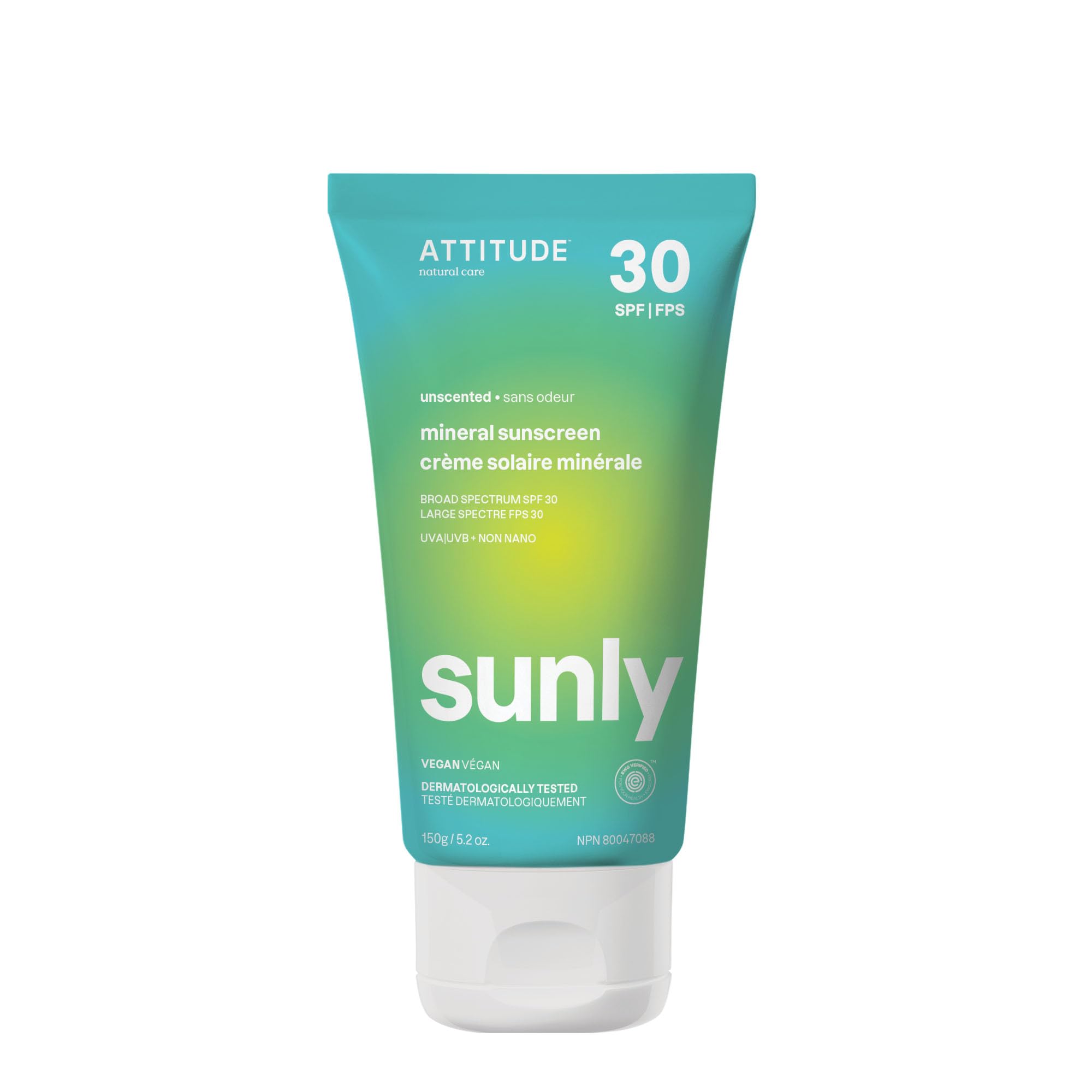 ATTITUDE Mineral Sunscreen SPF 30, Zinc Oxide Broad Spectrum UVA/UVB Protection, Face & Body, Dermatologically Tested, Vegan, Unscented, 150 g 🍁 All In One Marketplace Canada