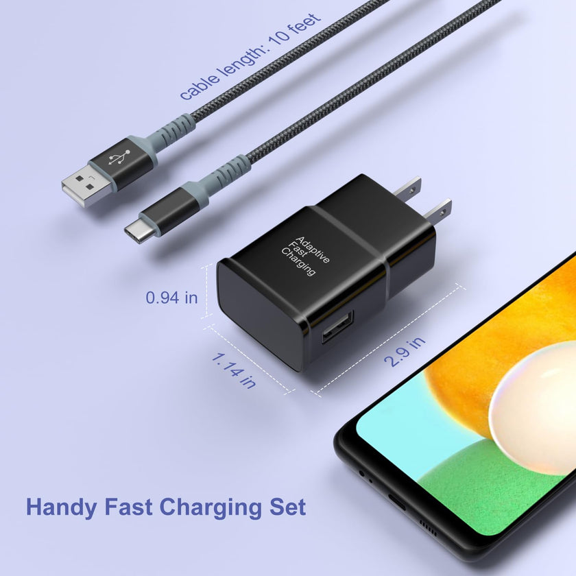 Adaptive Fast Charger and USB-C Cable 10ft(3m), Excgood Type C Cable Fast Charging Compatible with Galaxy A16/A15/A13/A14/A03s, S25 Ultra/S24/S23/S22/S20/S8/9+/10e,Note, Android Phone (2Pack Black) 🍁 All In One Marketplace Canada