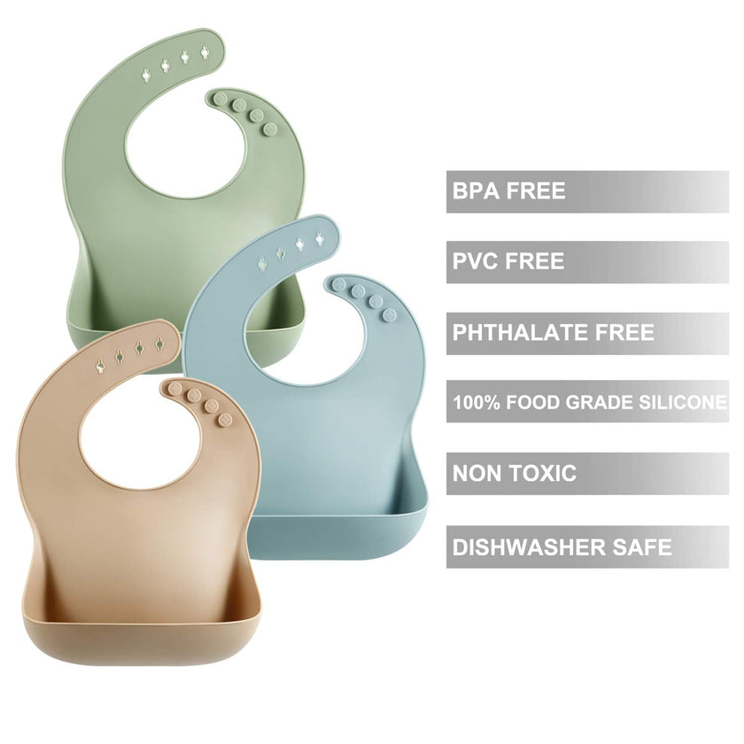 PandaEar Set of 3 Cute Silicone Baby Bibs for Babies & Toddlers (10-72 Months) Waterproof, Soft, Unisex, Non Messy (Brown/Blue/Green) 🍁 All In One Marketplace Canada