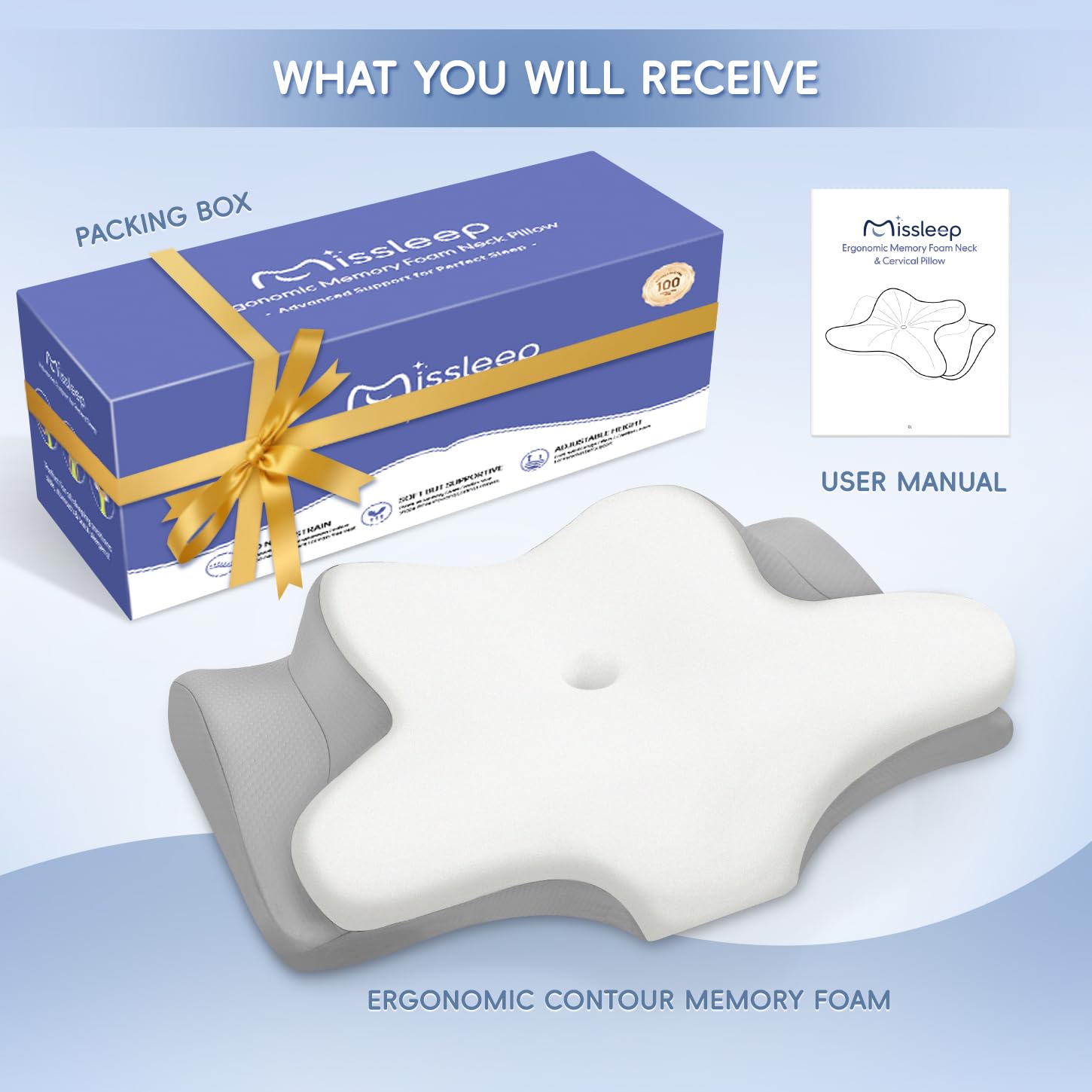 Missleep Cervical Neck Pillow,Memory Foam Pillows for Relieving Neck and Shoulder Pain, Neck Support Pillow for Side Sleepers, 2 Heights Ergonomic Pillow with Breathable Ice Silk Cover White 🍁 All In One Marketplace Canada