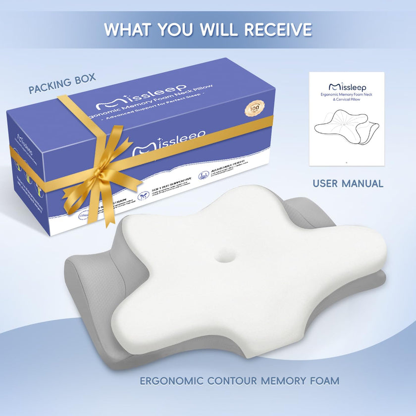 Missleep Cervical Neck Pillow,Memory Foam Pillows for Relieving Neck and Shoulder Pain, Neck Support Pillow for Side Sleepers, 2 Heights Ergonomic Pillow with Breathable Ice Silk Cover White 🍁 All In One Marketplace Canada