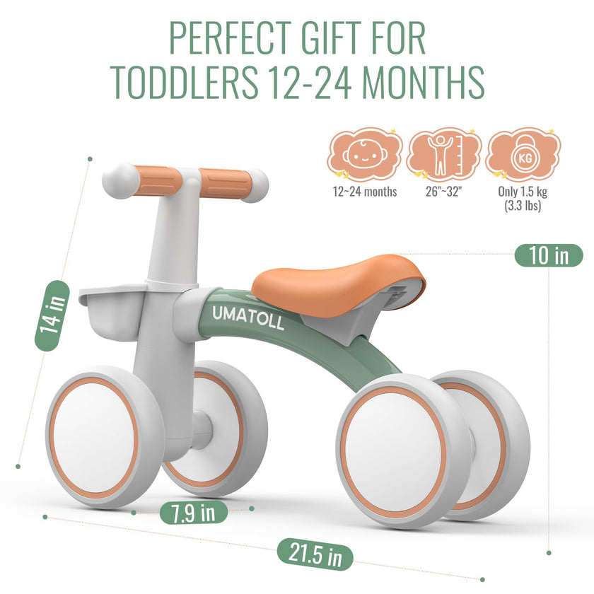 Umatoll Baby Balance Bike Toys for 1 Year Old Boys Girls Gifts, Adjustable Seat Baby Walker, First Birthday Gifts, 12-24 Months Toddler Ride on Toys with Removable Basket, Green 🍁 All In One Marketplace Canada