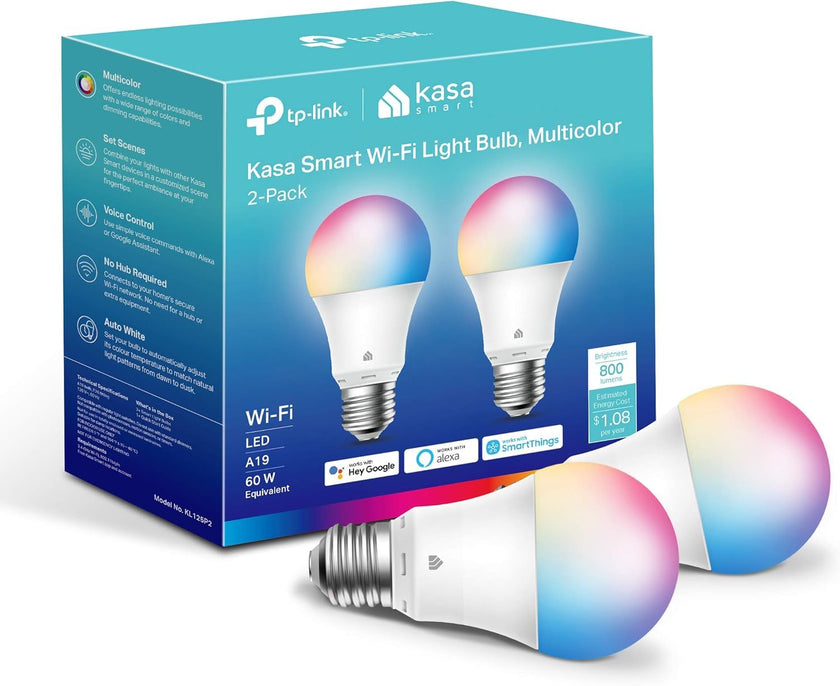 Kasa Smart Light Bulbs, Full Colour Changing Dimmable Smart WiFi Bulbs Compatible with Alexa and Google Home, A19, 9W 800 Lumens,2.4Ghz only, No Hub Required, 2-Pack (KL125P2), Multicolour 🍁 All In One Marketplace Canada