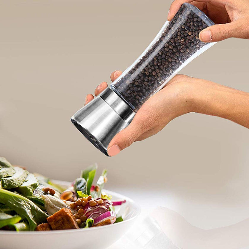 Pepper Grinder or Salt Grinder, Best Spice Mill with Ceramic Blades, Adjustable Coarseness, Brushed Stainless Steel Cap, and Refillable Tall Glass Body with 6OZ Capacity (7.5