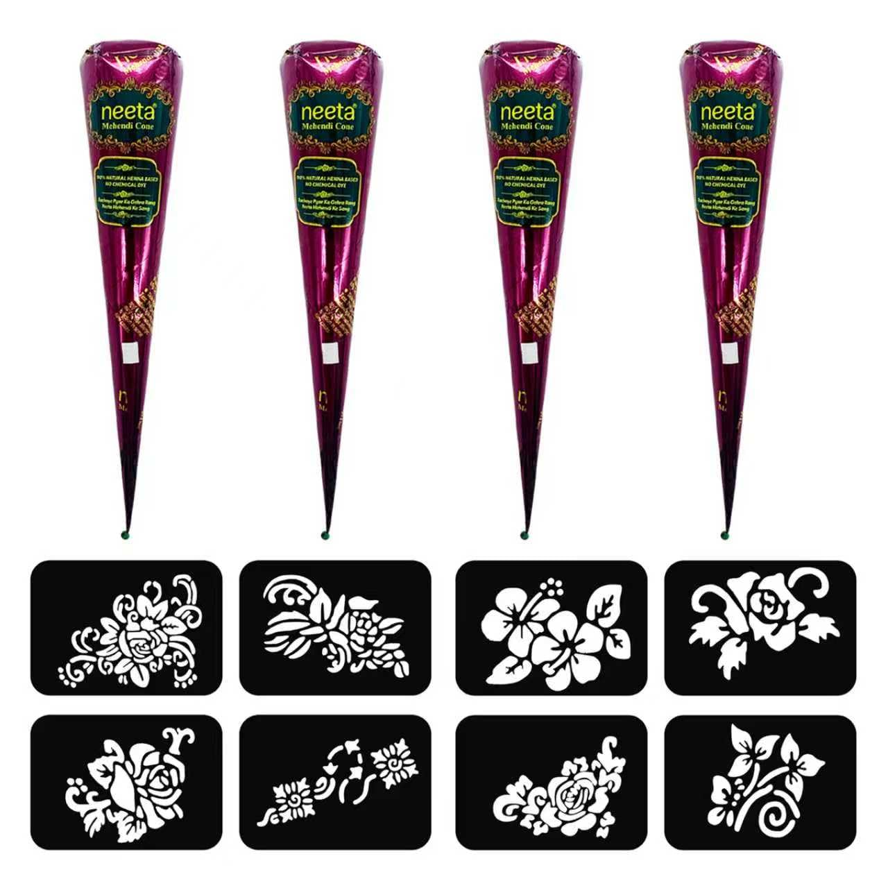 4 Pack Natural Mehendi Cone Henna Paste Temporary Tattoo Paste with 8pcs Tattoo Stencils| Each cone 25 grams | Indian Body Art Painting Drawing Tattoos Freckles (Reddish Brown Color) 🍁 All In One Marketplace Canada