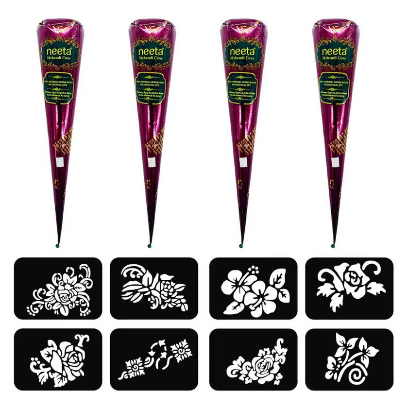 4 Pack Natural Mehendi Cone Henna Paste Temporary Tattoo Paste with 8pcs Tattoo Stencils| Each cone 25 grams | Indian Body Art Painting Drawing Tattoos Freckles (Reddish Brown Color) 🍁 All In One Marketplace Canada