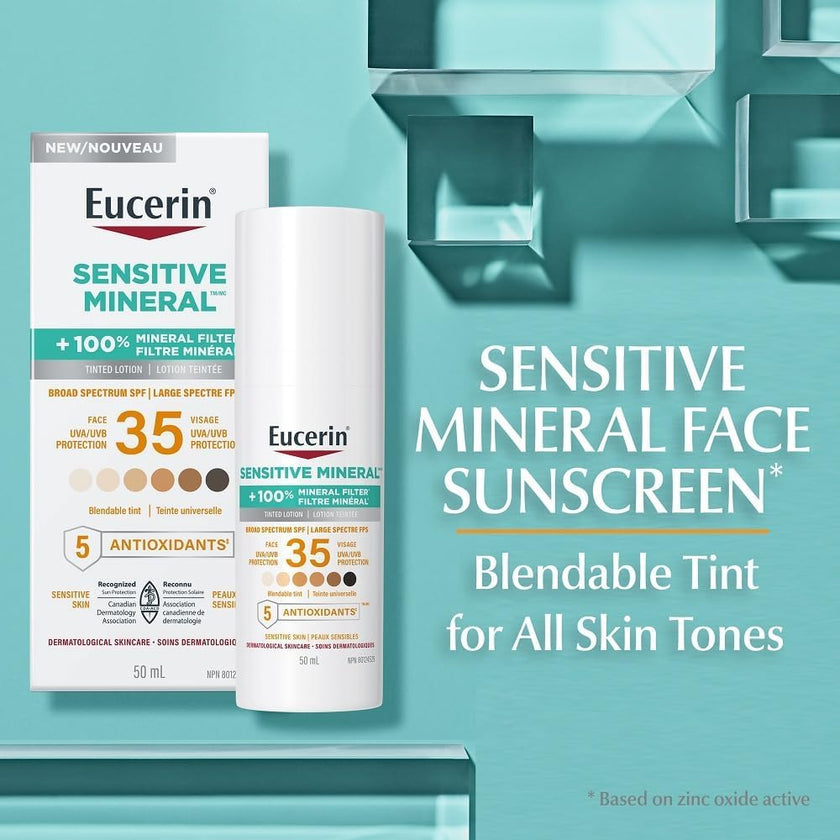 Eucerin Sun Tinted Mineral Face Sunscreen, Daily Face Sunscreen SPF 35 with Zinc Oxide and 5 Antioxidants, Mineral Body SPF 35 Lotion with UVA-UVB Sun Protection, Fragrance Free & Non Greasy, 50 ml pump 🍁 All In One Marketplace Canada