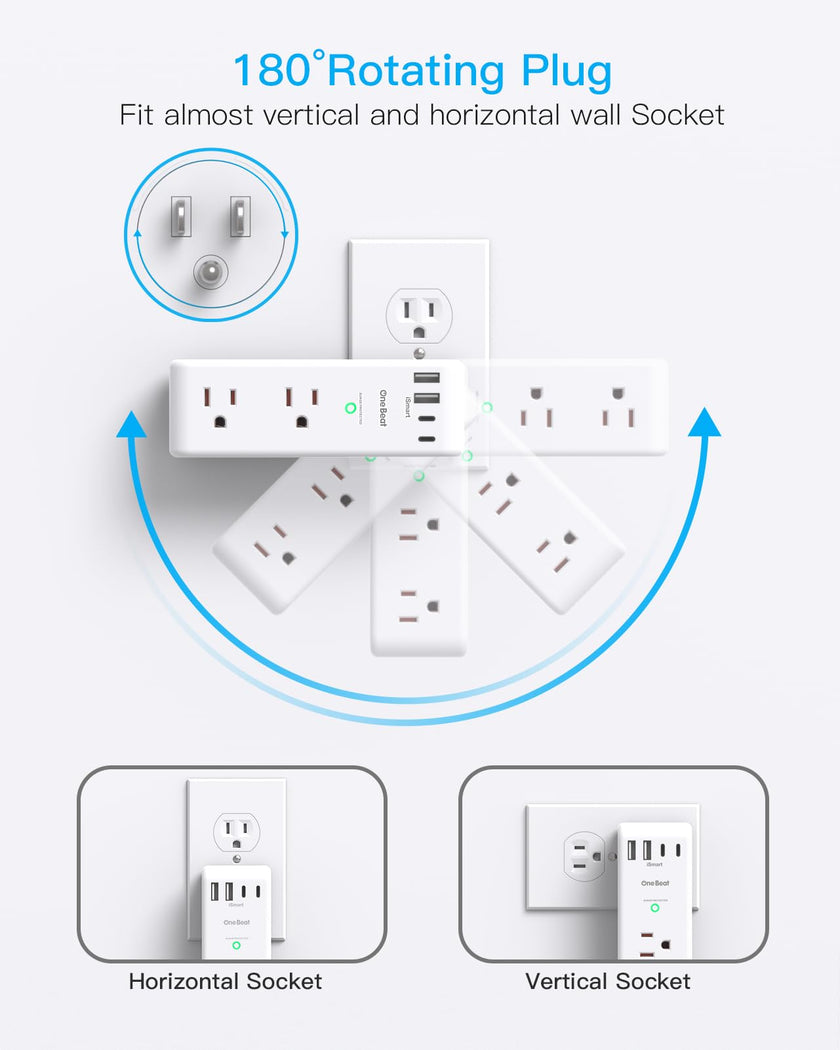 Surge Protector Outlet Extender - with Rotating Plug, 6 AC Multi Plug Outlet with 4 USB Ports (2 USB C), 1800 Joules, 3-Sided Swivel Power Bar with Spaced Splitter for Home, Office, Travel 🍁 All In One Marketplace Canada