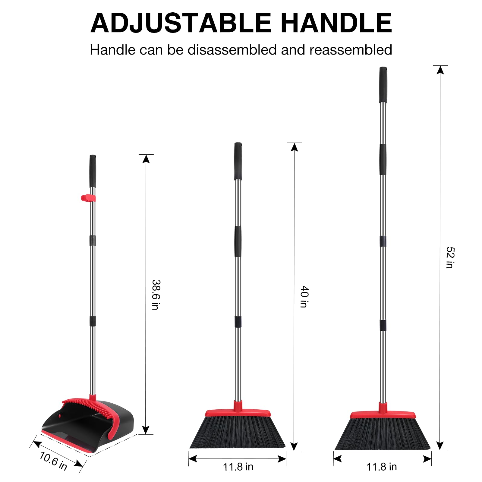 Broom and Dustpan Set, 52-in Long Adjustable Handle Broom Dustpan Combo with Dustpan Teeth to Automatically Clean Hair Suitable for Home Kitchen Office Hall Floor（Black&Red） 🍁 All In One Marketplace Canada