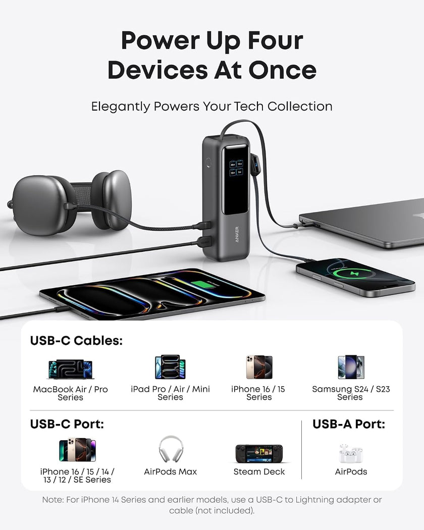 Anker Laptop Power Bank, 25,000mAh Portable Charger with Triple 100W USB-C Ports, Built-in Retractable Cables, Flight-Approved for Travel, iPhone 17/16 Series, MacBook, Samsung, and More 🍁 All In One Marketplace Canada