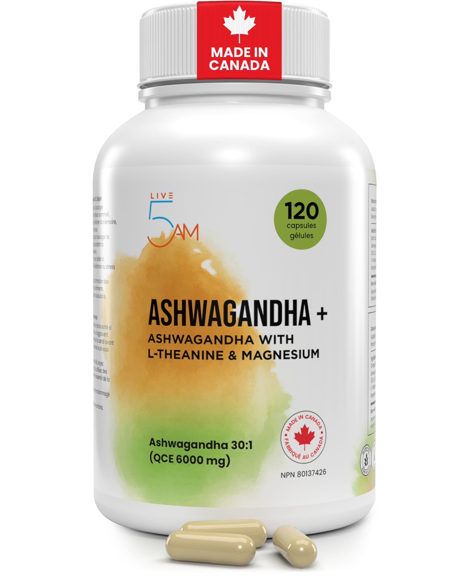 Live 5AM Ashwagandha 6000mg with L-Theanine 200mg, Magnesium Bisglycinate 75mg & Black Pepper Extract - Relaxation, Stress & Restlessness Support - 4 Month Supply, 120 Capsules - Made in Canada 🍁 All In One Marketplace Canada